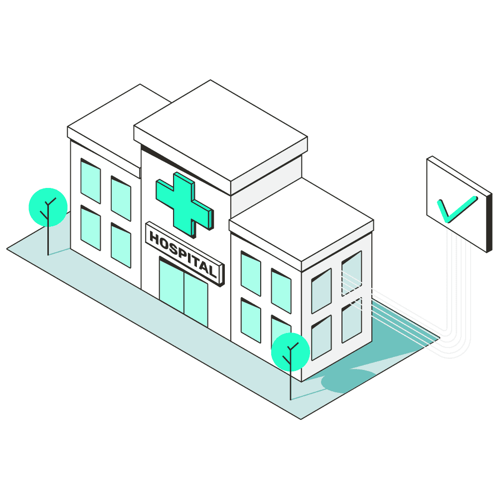 A graphic design of a hospital building with a floating hospital bill audit checkmark